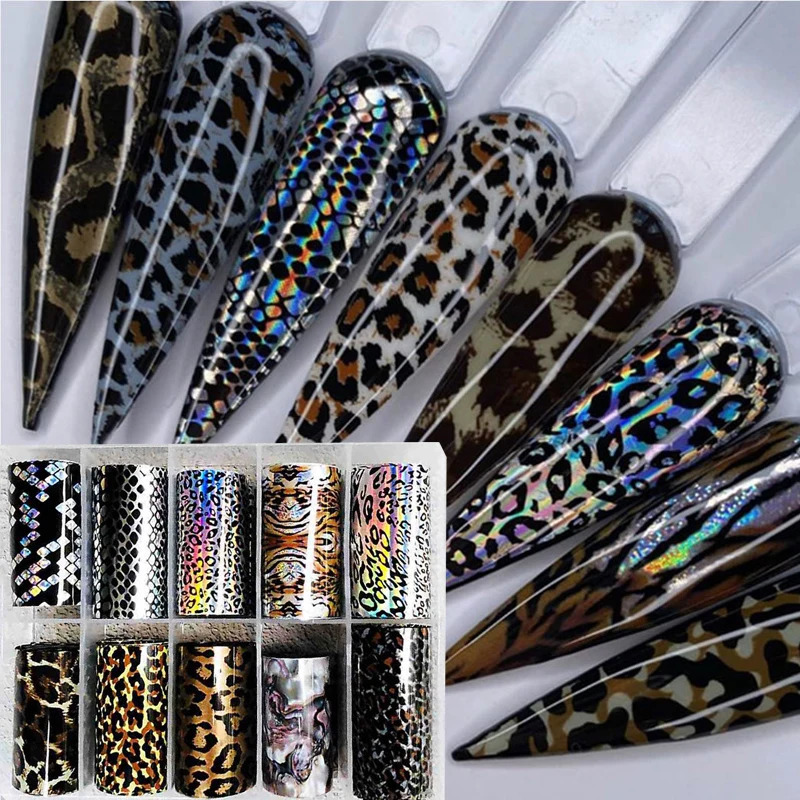 10rolls/box Animal Print Nail Foils Stickers Decal Sliders Transfer Foil Wrap Leopard Nail Art Sticker 4*100cm 241225