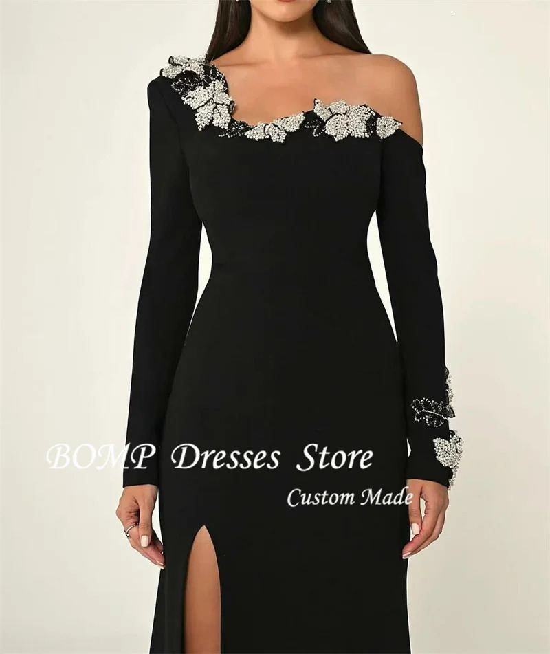 BOMP Black Formal Evening Dresses Long Sleeves Applique Side Split Soft Satin Prom Gowns Dubai Arabic Women Vestidos Customized 241223