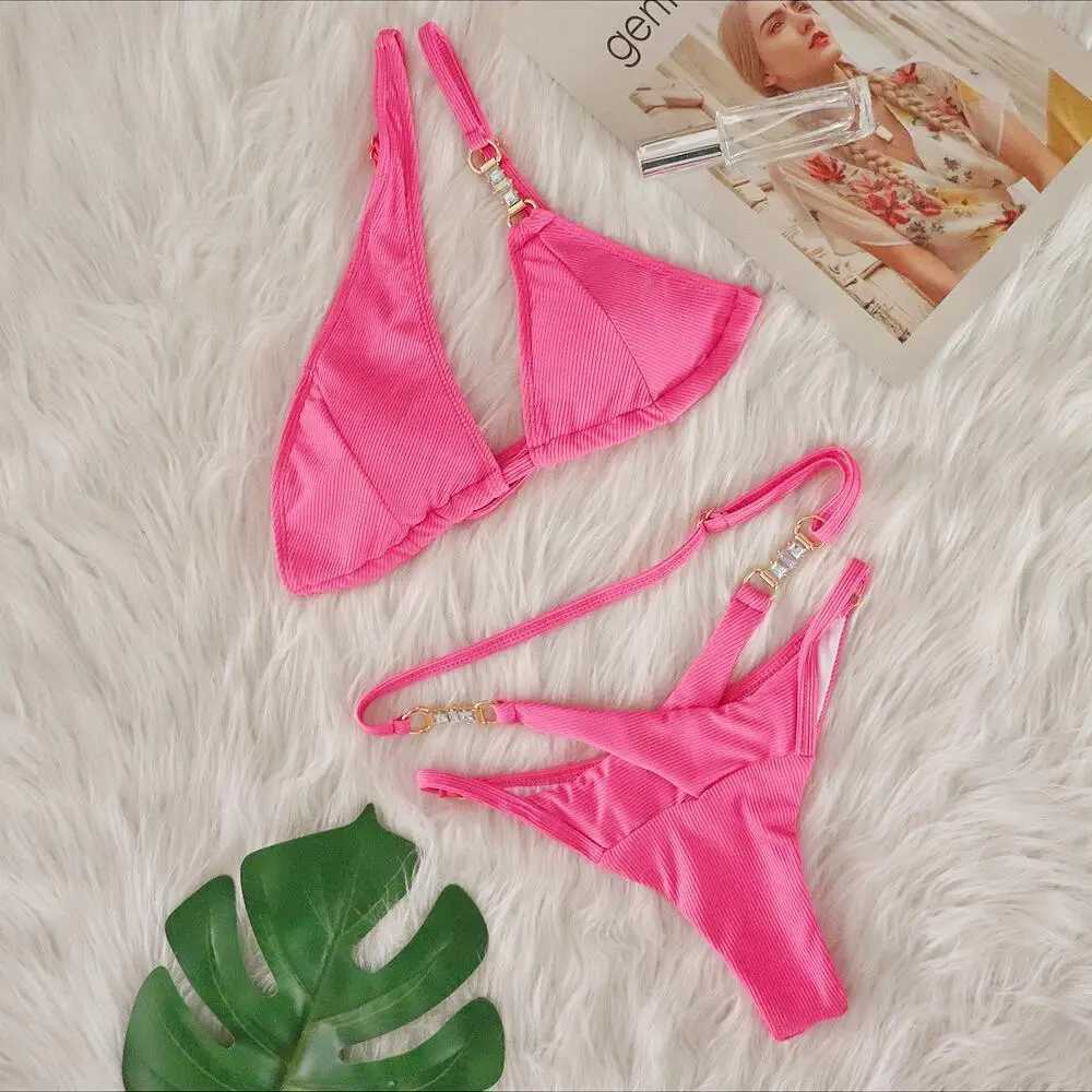 2024 New Womens Summer Sexy Pink Stripe Bikini Set Crystal Diamond Single Shoulder Swimsuit Beach Luxury SwimsuitW241225