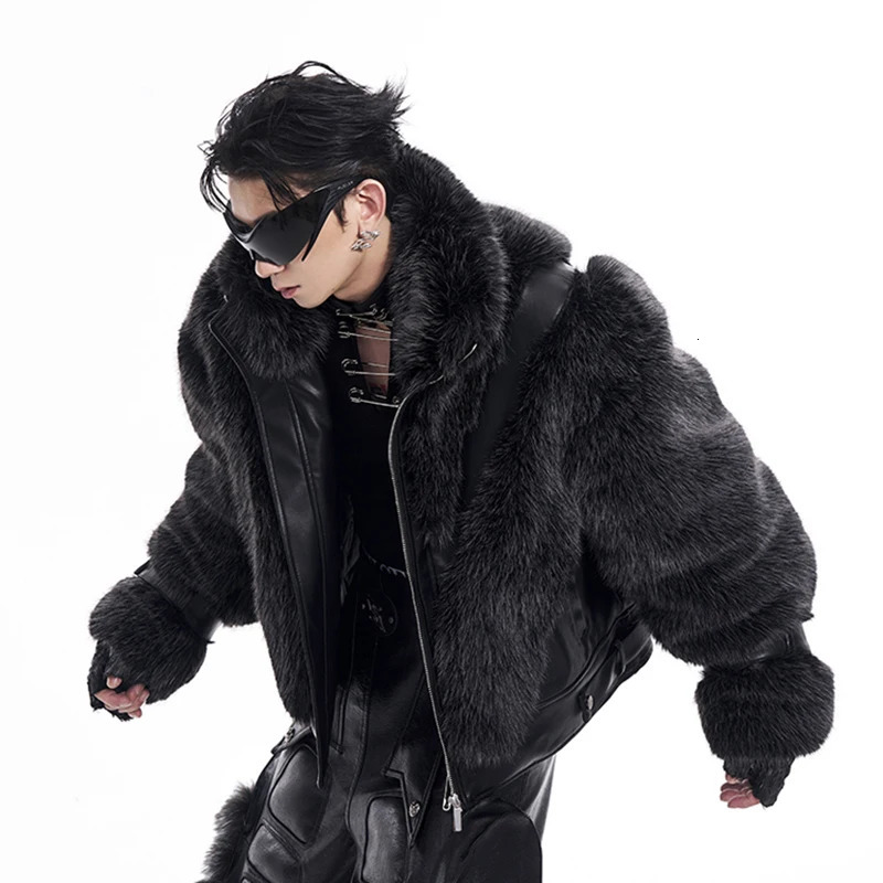FEWQ Mens Leather Patchwork Plush Fur Coat Autumn Winter 2024 Long Sleeve Male Tops Korea Fashion 24E5614 241225