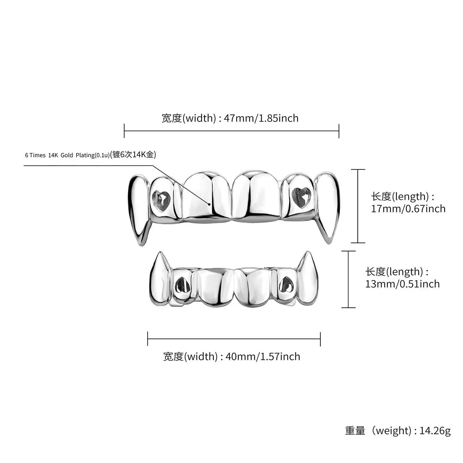 YOUNGX Gold Silver Color Hollow Heart Tooth Cs For Women Men Hip Hop Glossy Teeth Grills Fangs Jewelry Halloween GiftXJ241225