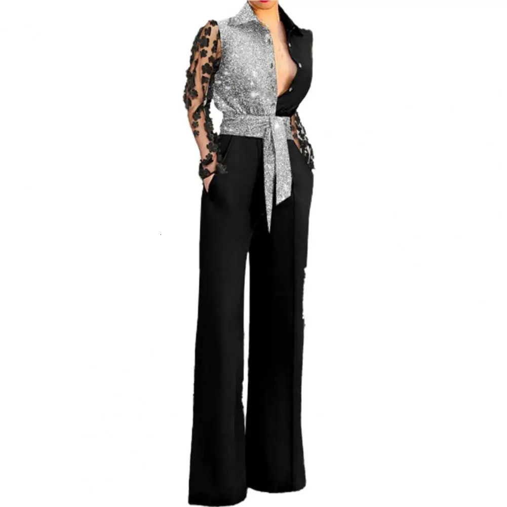 Flower Decor Net Yarn Sleeve Women Jumpsuit TurnDown Collar Patchwork Color Belt Pockets Streetwear 241225
