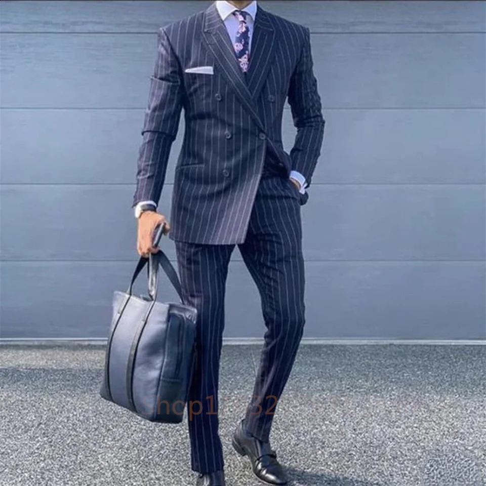 Navy Blue Striped Men Suits Slim Fit Wedding Groom Tuxedo Lapel Business Blazer 2 Piece Set Costume Homme Jacket Vest Pant 241223