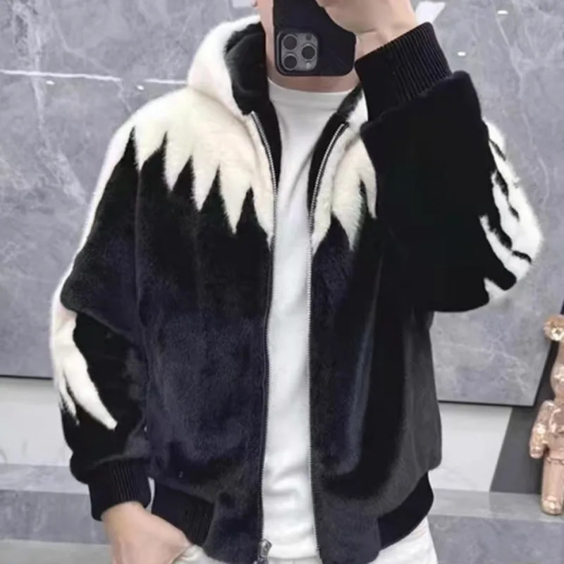 PFHQ Winter Mink Fur Hooded Mens Coat Onepiece Casual Jacket Warm 2024 Contrast Color Long Sleeve Male Tops 241225