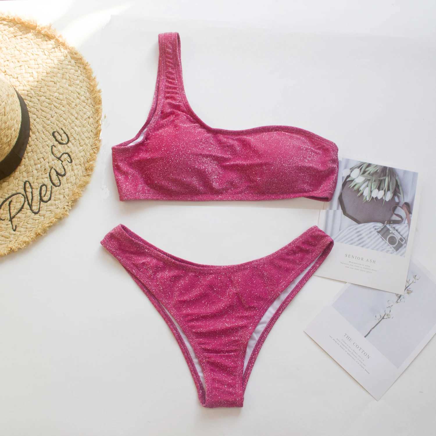 Sexy womens high waisted bikini set one shoulder sparkling womens 2-piece swimsuit swimsuit womens sparkling vacation beach suitW241225