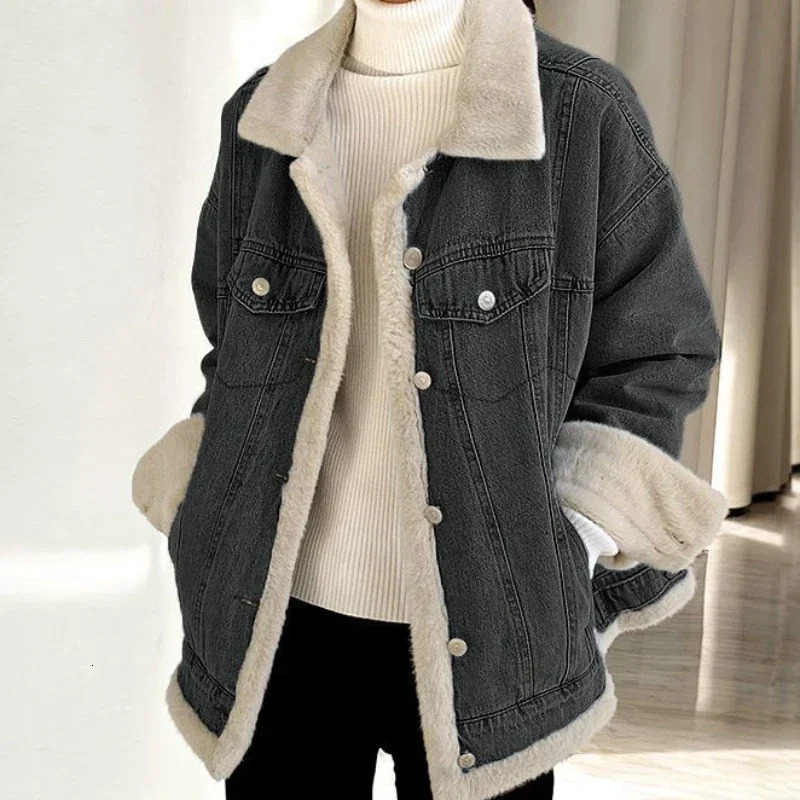 Outerwear Wool Inside Patchwork Padded Denim Jacket for Women Winter Cold Long Trench with Fur Plush Warm Woman Jean Coat 241220