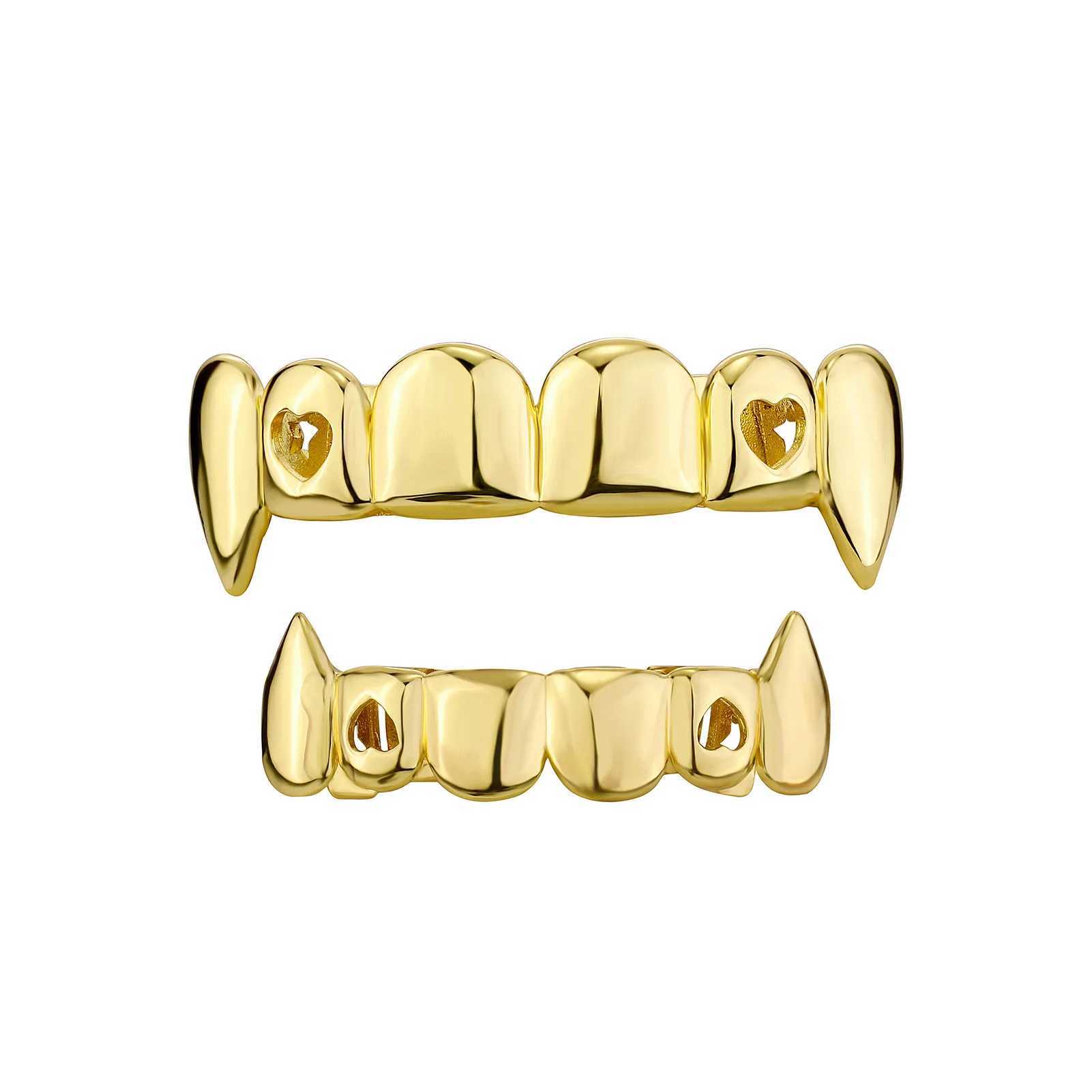 YOUNGX Gold Silver Color Hollow Heart Tooth Cs For Women Men Hip Hop Glossy Teeth Grills Fangs Jewelry Halloween GiftXJ241225