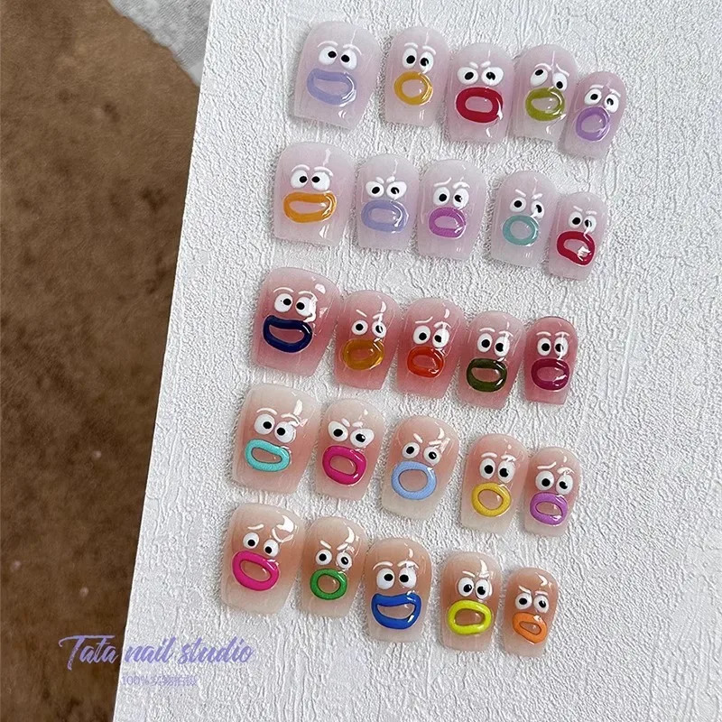 1pc Kawaii False Nails Stickers Full Cover Mouth Monster Press On Nail Art Sticker Ins Style Waterproof Peelable Nail Stickers 241225