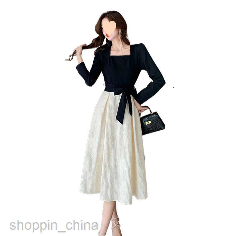 women dresses fashion style contrasting autumn dress for commuting, luxury, niche luxury, elegant and slimming, big skirt display