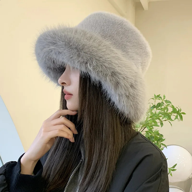 Winter womens artificial fur bucket hat thick snow oversized soft Panama 241223