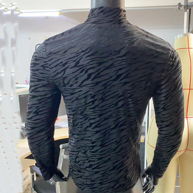 Mens T Shirts mesh see through black tshirt men shirts long sleeve leopard stripes bodycon slim fit streetwear high neck fashion party male