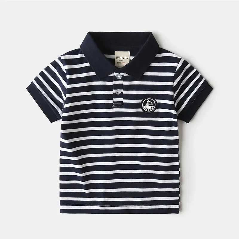 Kids Embroidered Short Sleeve T-shirt 2024 Summer Boys Loose Striped Polo Shirt Breathable Cotton for Ages 3-8 4 ColorsXJ241225