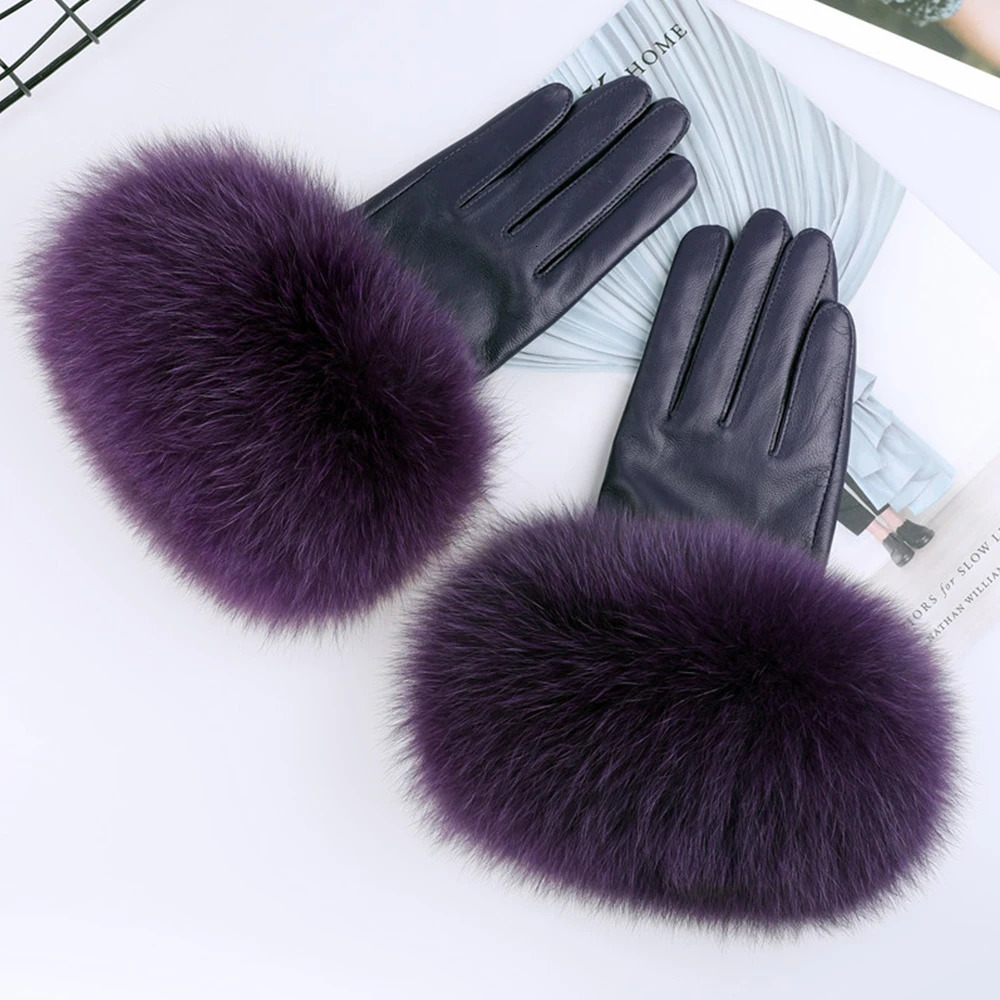 Sheepskin Natural Fox Fur Trimming Gloves Womens Genuine Leather Wrist Warmer Glove Winter Warm Fashion Mittens Fleece Lining 241225