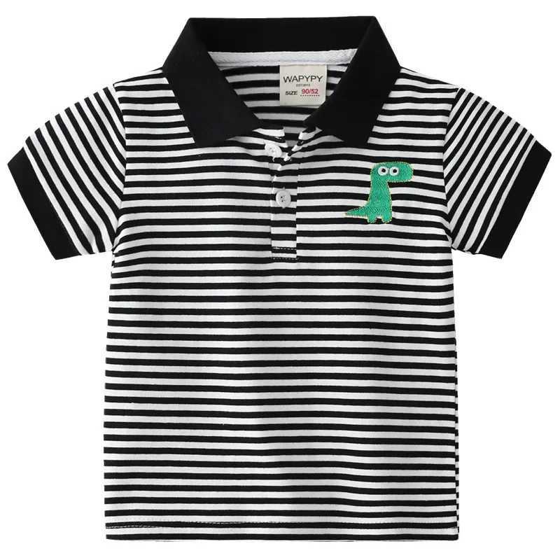 Kids Embroidered Dinosaur Short Sleeve T-shirt Summer Boys Loose Striped Polo Shirt Breathable Cotton for Ages 3-8XJ241225