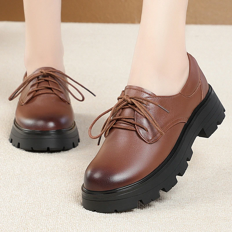 Women Large Size Shoes Spring Genuine Leather Lace-up Fashion Women's Loafers British Style Round Toe Ladies Shoes