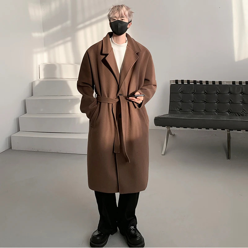 PFNW Autumn Mens Woolen Coat Casual Belt Thickened Single Breasted Solid Color Long Male Loose Trench Korean Style 12C968 241225