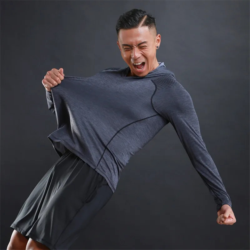 Solid Color Gym Clothing Long Sleeve Slim Fit Hooded TShirt Cotton Breathable Hoodie Mens Bodybuilding Fitness Muscle Sportwear 241223