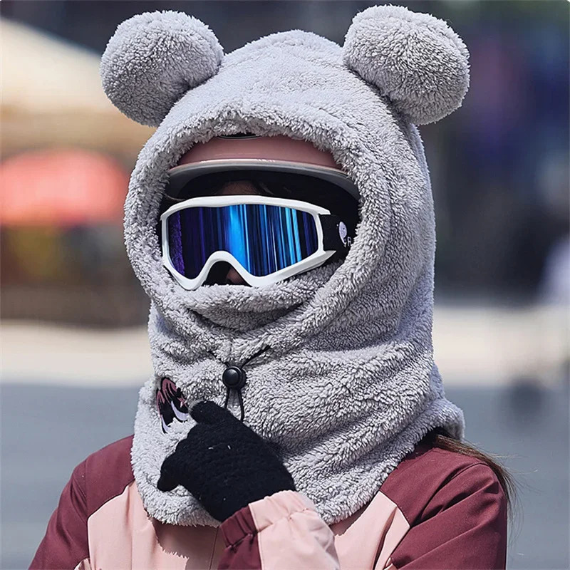 3D Bear Ear Skiing Helmet Cover Panda Skiing Plush Hats Comfortable Soft Wool Winter Outdoors Cute Riding Mask Keep Warm Caps 241225