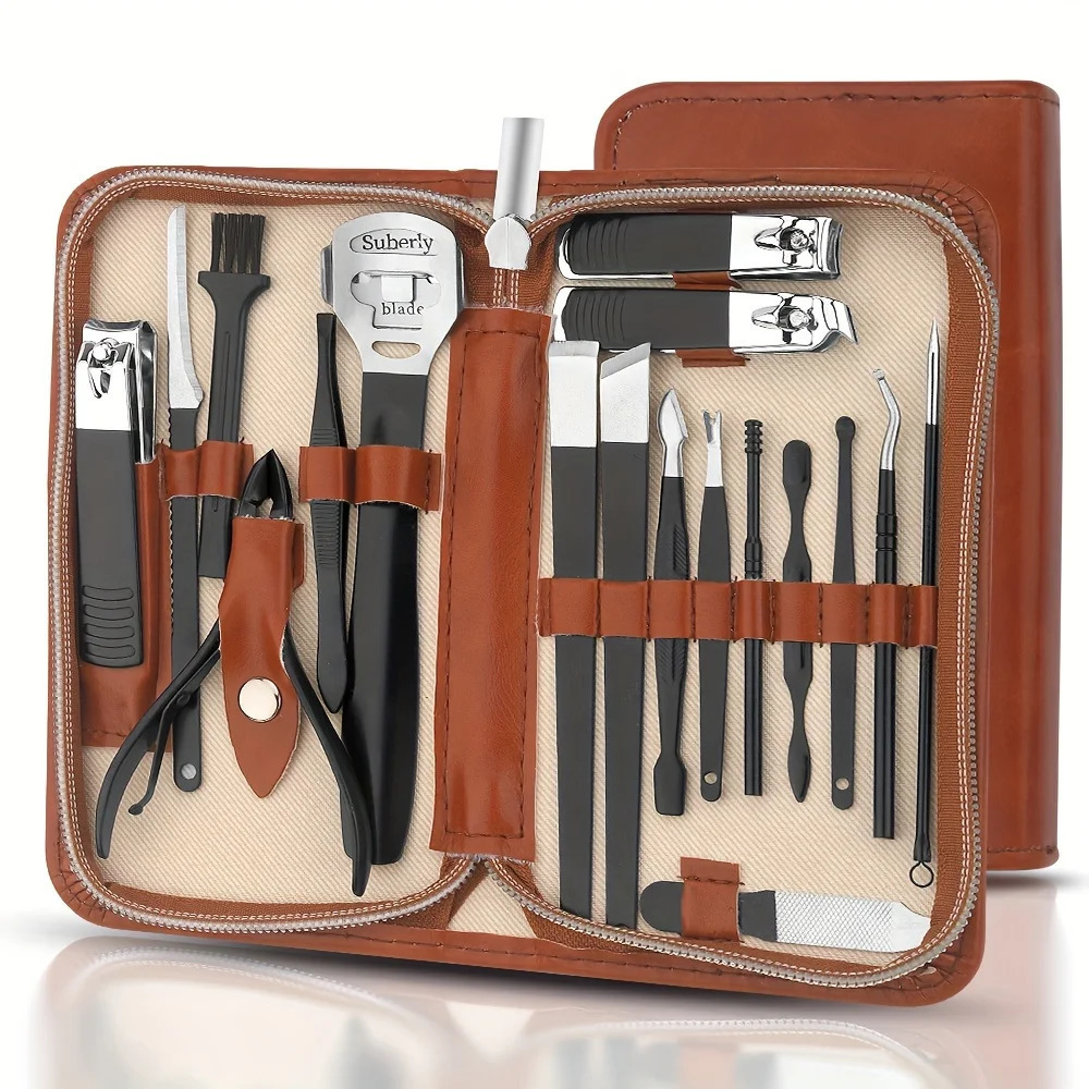 18 pcs Stainless Steel Manicure Pedicure Tools Nail Clipper and Ear Picking Spoon Set - Travel Size Personal Care Kit 241225