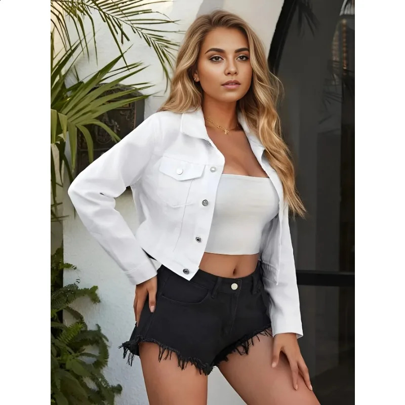 Womens denim jacket coat vintage collar American retro autumn single chest button plain coat cropped jeans cardigan sweater 241219