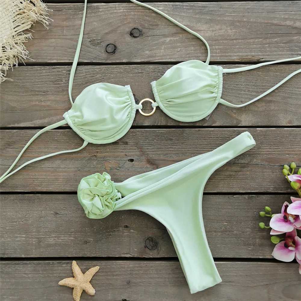 3D floral push up bikini set bead suspender swimsuit mini thong sexy swimsuit womens metal ring swimsuit bikini 2024 MuejerW241225