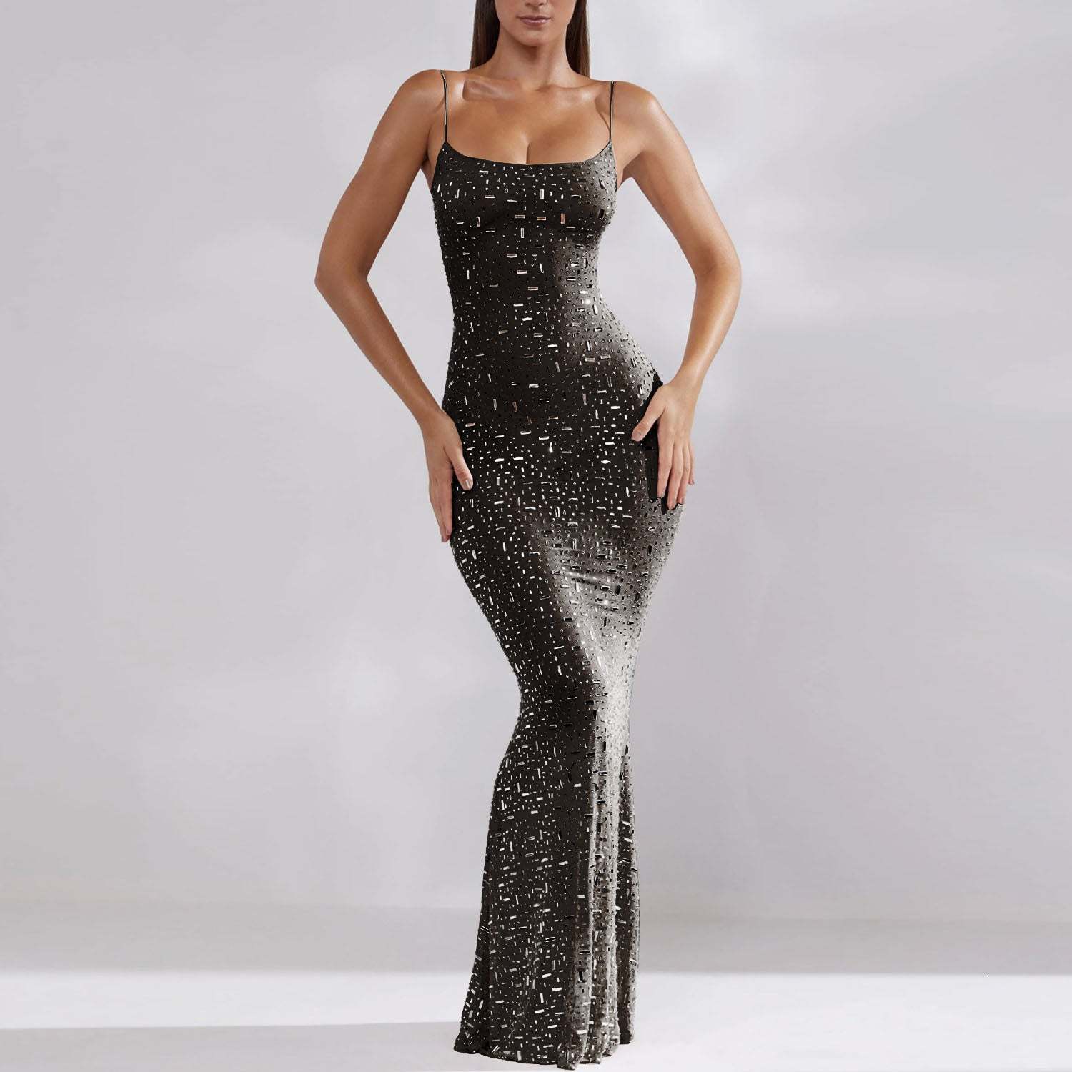 Diamond Long Evening Dress Women Spaghetti Straps Sleeveless Mermaid Slim Bodycon Dress One-piece Sexy Summer Clothes