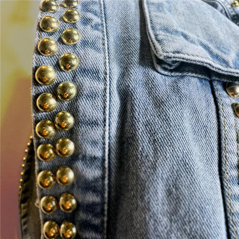Spring Women Heavy Work Rivet Blue Short Denim Cardigan Jacket Loose Big Pocket Lapel Long Sleeve Female Jeans Jacket Coat 241223