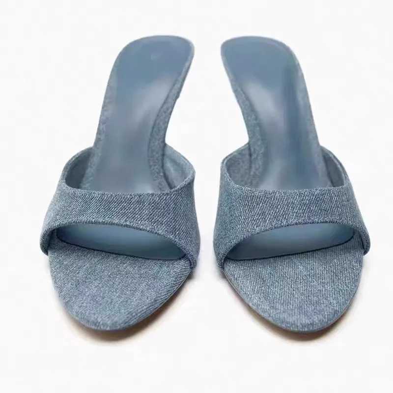 Summer New 2024 Pointed Denim with High Heels Womens Thin Heels Light Mouth Fashion Girls Cool Slippers DropshippingC241225