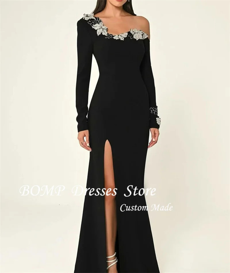 BOMP Black Formal Evening Dresses Long Sleeves Applique Side Split Soft Satin Prom Gowns Dubai Arabic Women Vestidos Customized 241223