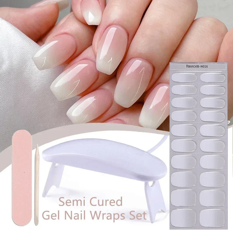 Harunouta 4pcs/set Gradient Jelly Semi Cured Gel Nail Strips with Nail Lamp Nude Pink Waterproof Nail Stickers Long Lasting Wrap 241225