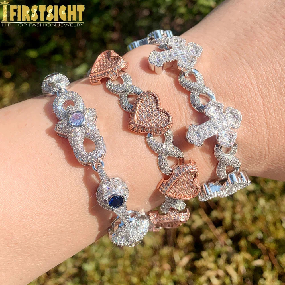Iced Out Star Eye Bracelet Prong Setting 5A Cubic Zirconia Infinity Heart Cuban Link Chain Women Men Hip Hop Fashion Jewelry 241225