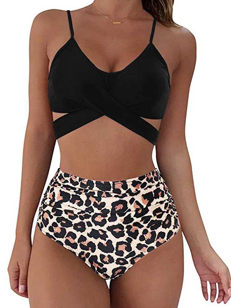 Womens high waisted push up swimsuit sexy leopard print cross bandage swimsuit womens bikini set plus size swimsuit 2024W241225