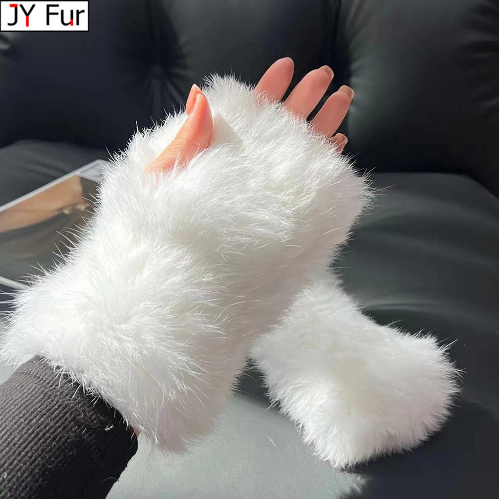 2024 Women Knit Fur Mitten Girls 100% Real Genuine Knitted Rabbit Fur Mittens Winter Warm Real Natural Fur Fingerless Gloves 241225