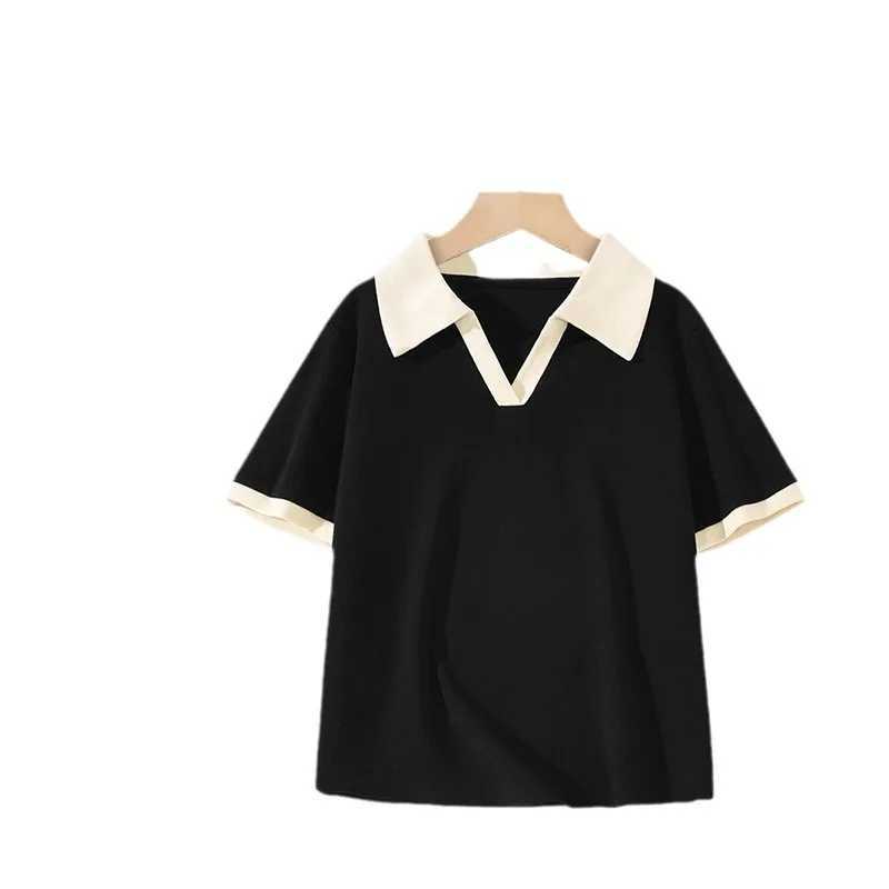 Girls polo shirt top Summer 2024 hot girl baby childrens T-shirt lapel short-sleeved T-shirt solid color V-neck top 1-10 yearsXJ241225