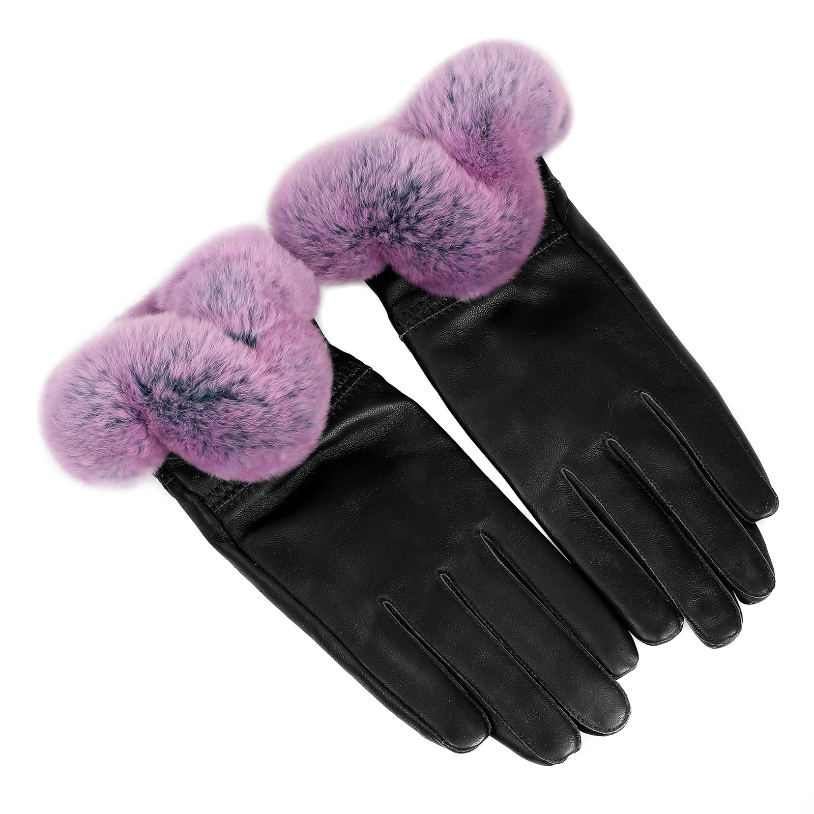 BOONJOVIA Elegant Womens Winter Warm Genuine Leather Gloves With Rex Rabbit Fur Trim Cuffs Velvet Lined 241225