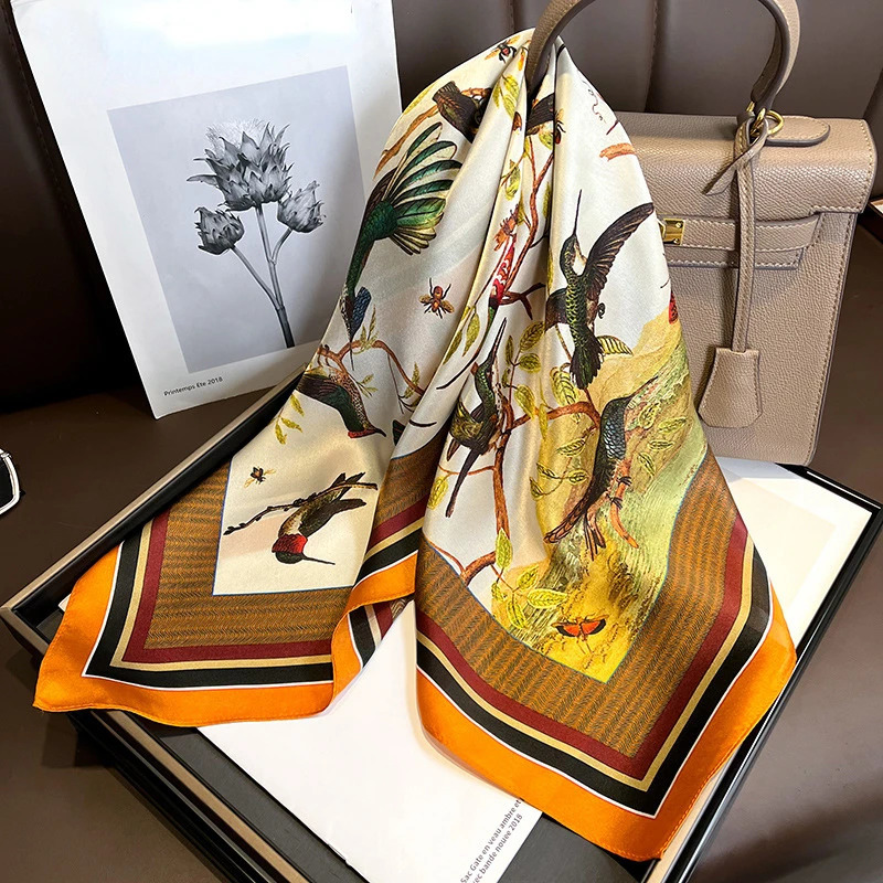 Birds Scarf for Women faux Natural Silk Shawls Foulard Fashion Square Neckerchief Soft Bandana 68cm SD0502 241225