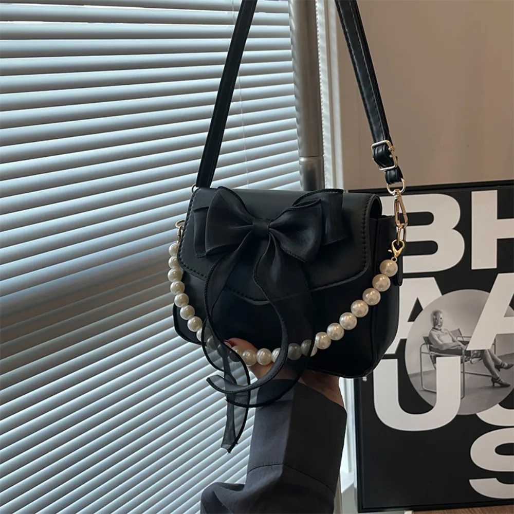 Solid Color PU Leather Pearl Chain Bag Bow Knot Fi Top-Handle Bag Women Canvas Large Armpit Bag Shoulder BagXJ241225