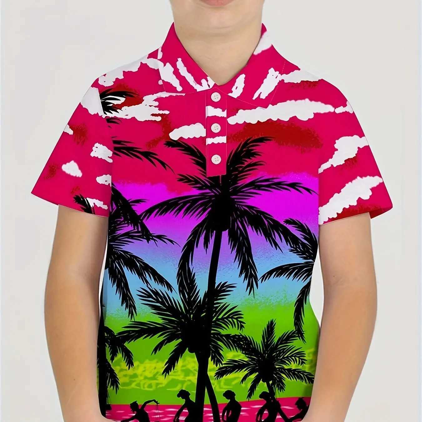 Casual Lapel Polo Shirts Boys For Children Short Sleeve 3d Print Beach Coconut Trees Pattern Versatile Summer Kids Tops ShirtXJ241225