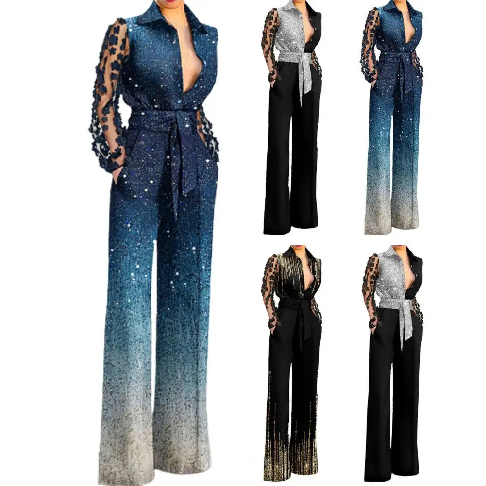 Flower Decor Net Yarn Sleeve Women Jumpsuit TurnDown Collar Patchwork Color Belt Pockets Streetwear 241225