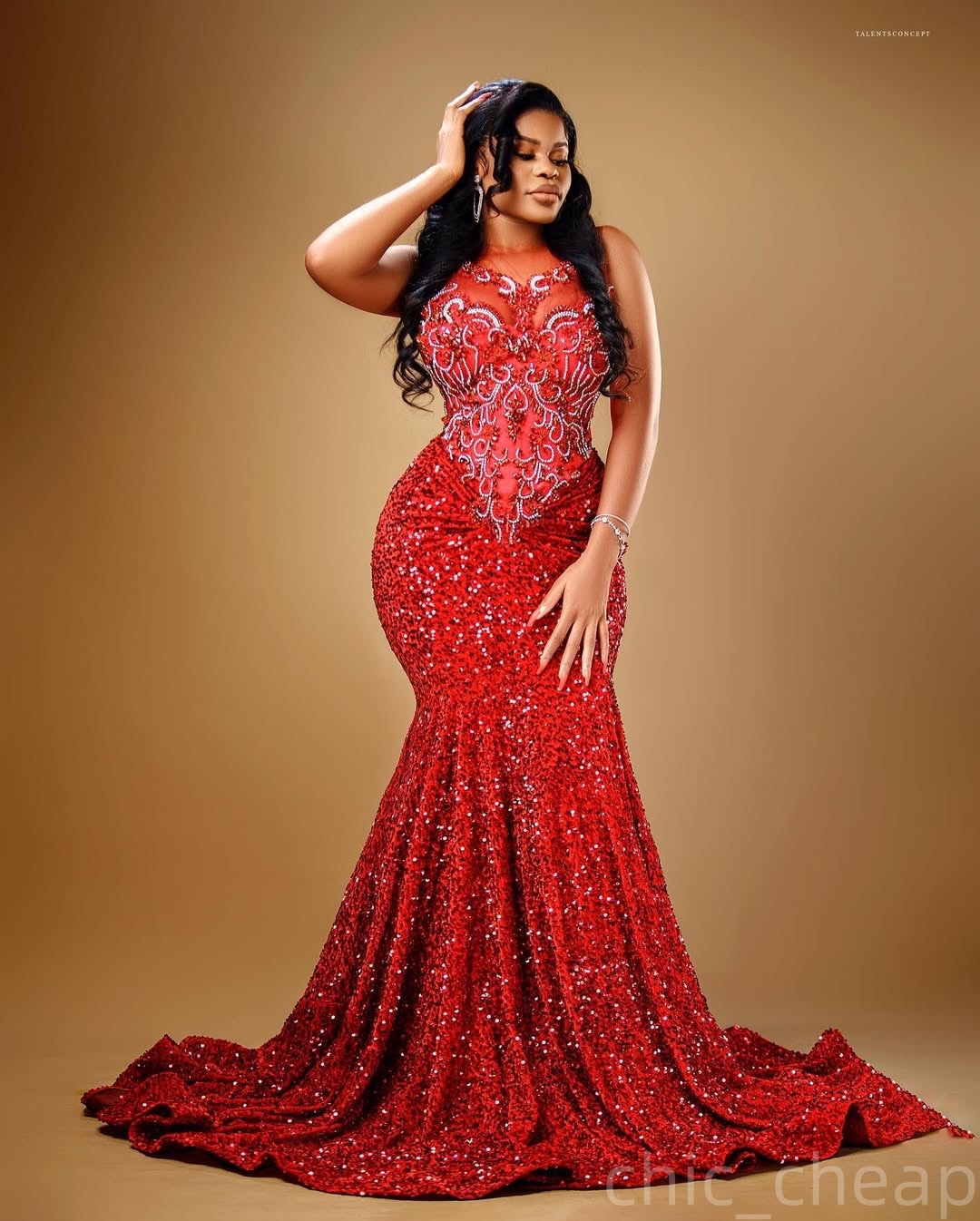Mermaid Red Prom Dresses 2025 Beaded Sequined Lace Sheer Neck Evening Formal Party Second Birthday Engagement Gowns Plus Size Dress For Special Occasi