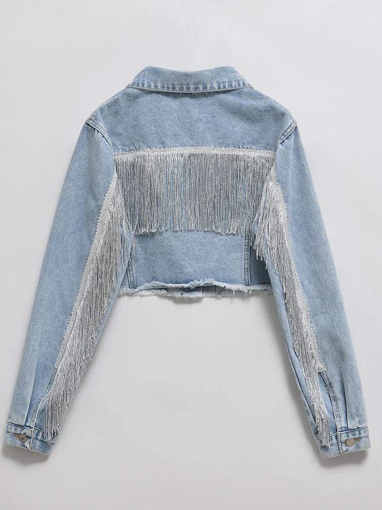 Fitaylor Autumn Winter Women Vintage Long-sleeve Loose Tassel Blue Short Denim Jacket Lady Single Breasted Pocket Jeans Coat 241223