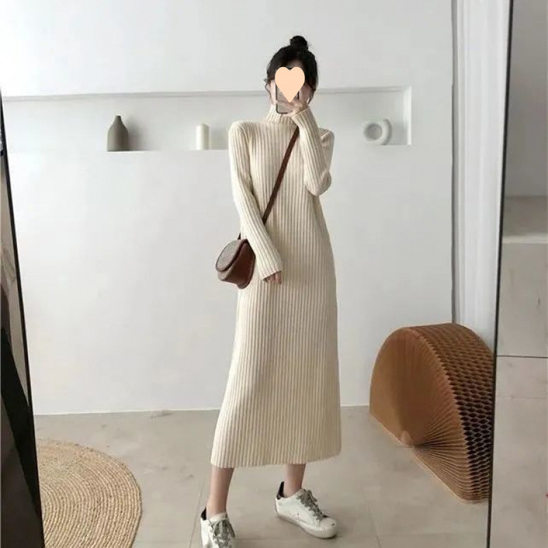 V65048 New knitted bottoming dress for women, autumn and winter high collar, medium and long style, temperament sweater long skirt over the knee