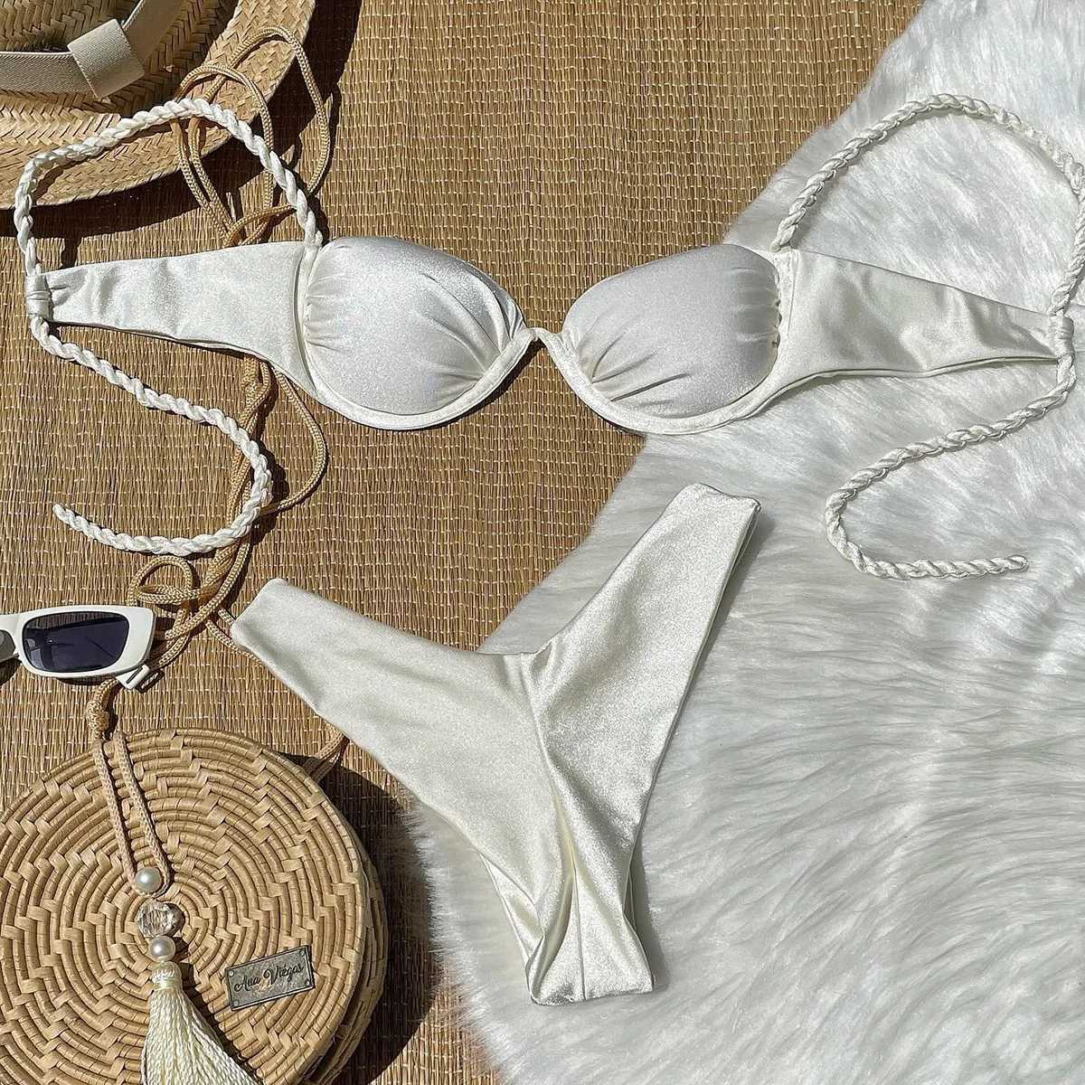 Push bikini 2024 sexy womens swimsuit womens swimsuit sexy bikini set Brazil Biquini swimsuit solid color shiny beachwearW241225