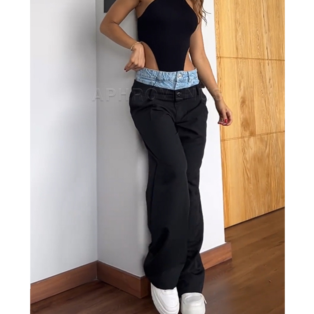 Fashion Women's Slim Patchwork Colorblock High Waist Long Stretch Denim Pants Straight Trouser Wide Leg Jeans