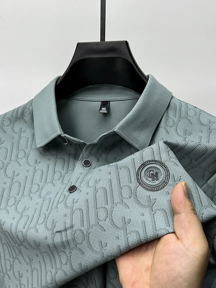 Summer Highend Silk Short Sleeved Polo Shirt for Mens ious Embossed Casual Fashion Comfortable Breathable Cool Top 241225