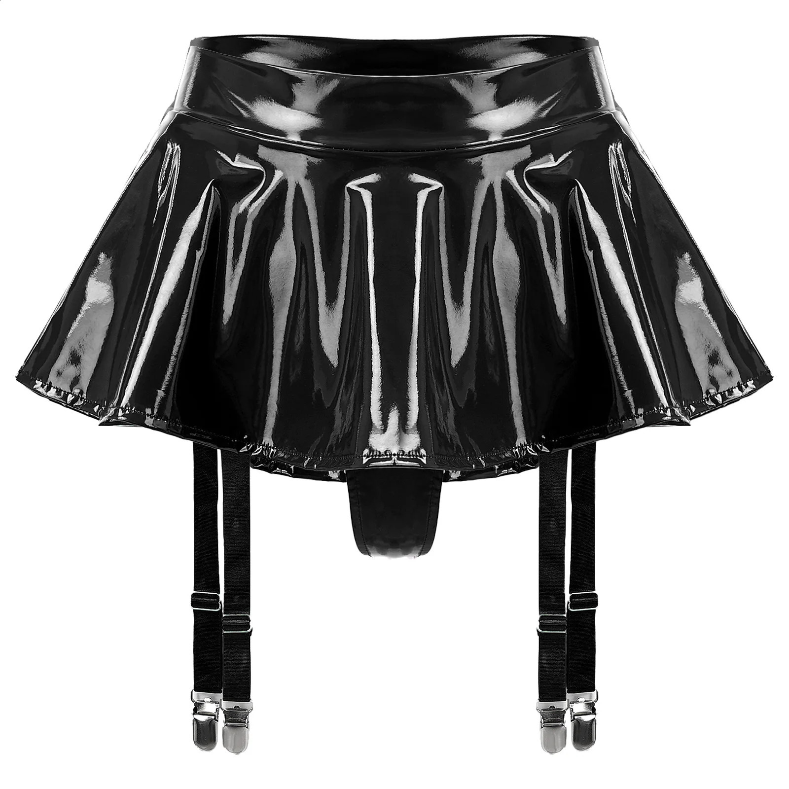 S4XL Womens Wet Look Patent Leather Ruffle Mini Skirt with Garter Belts Metal Clips Latex Miniskirt Rave Party Clubwear 241223