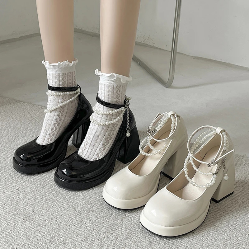 Y2K Chunky Platform High Heels Pumps Women Summer Patent Leather Black White Lolita Shoes Woman Pearl Ankle Straps Pumps 241225