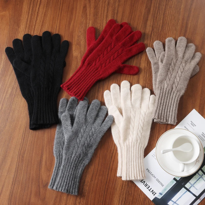 Women Wool Cashmere Gloves Cable Knit Touchscreen Finger Hole Winter Autumn Warm Wrist Length Classic Gloves Female Mitten 241225