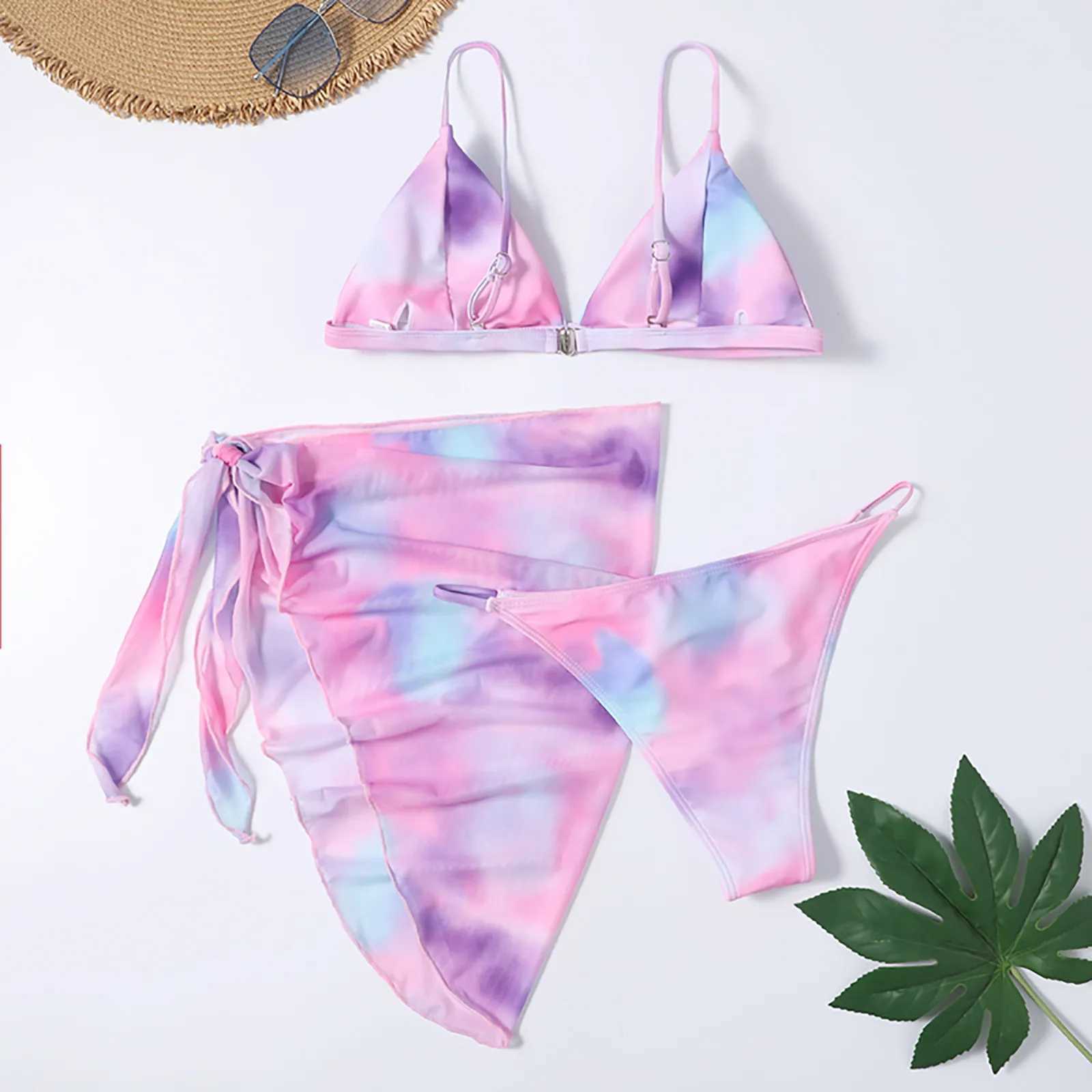 Cute bikini top swimsuit womens bikini mesh style tight fitting womens waist three piece split tie dye printingW241225