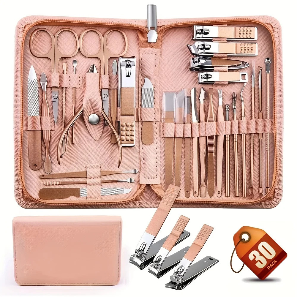 Pink 30 Pcs Manicure Set Professional Nail Clipper Set Stainless Steel Solid Manicure Kit Nail Care Kit With Pink Case Valentine 241225